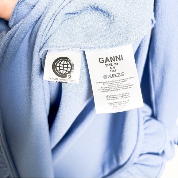 Ganni Ruffle Sleeve Blue Mini Crepe Shirt Dress xxs size 0 - Picture 6 of 8